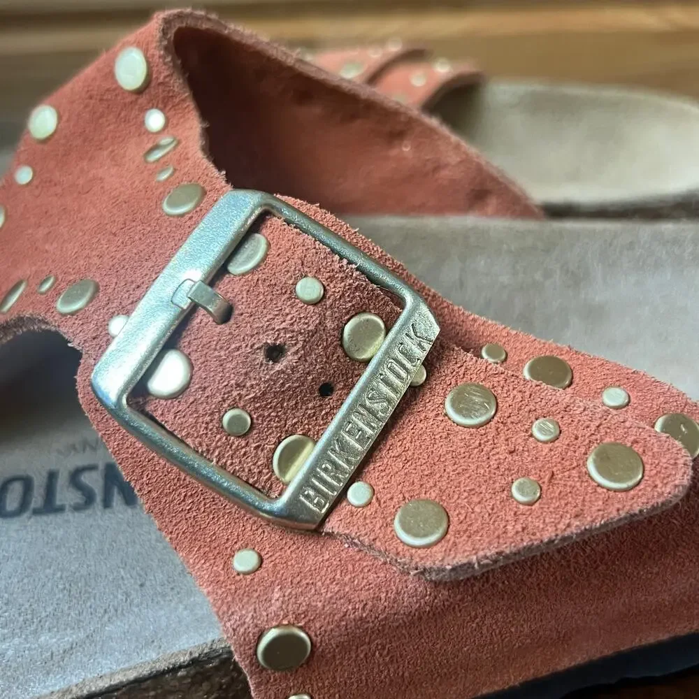 Birkenstock Gizeh Rivet Border Sandals 41 Dark Rust Terracotta Suede Thong Stud - Picture 5 of 16